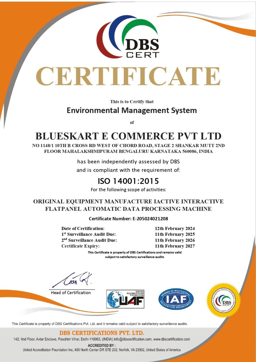 ISO 14001:2015 Certificate