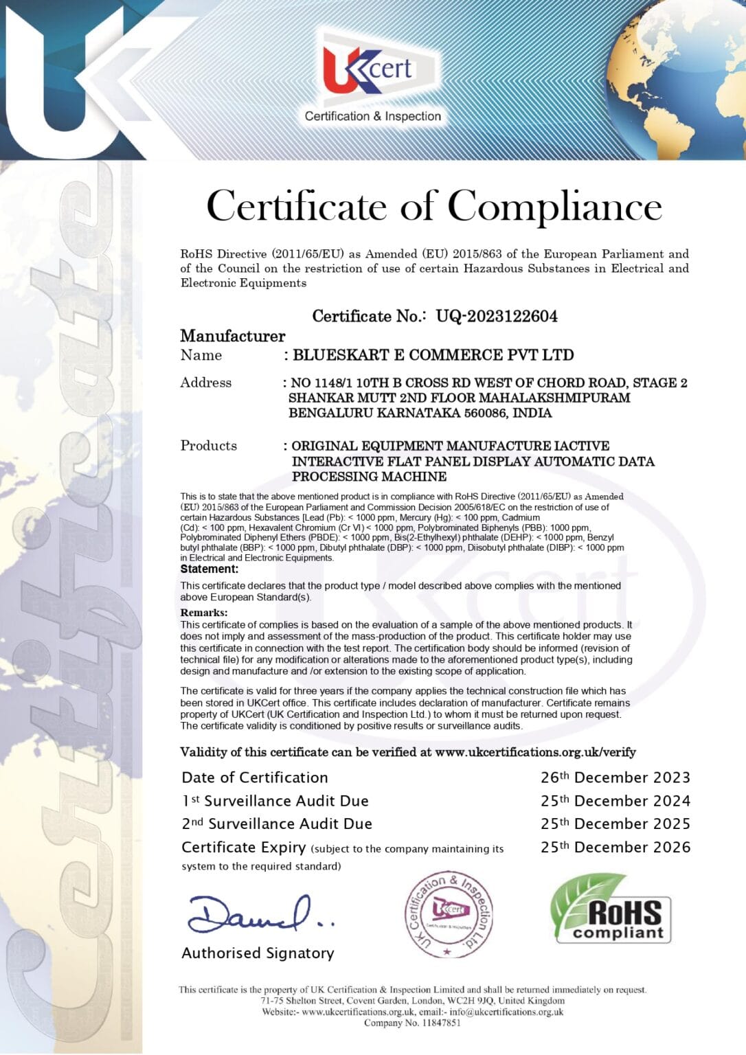 RoHS Compliance Certificate